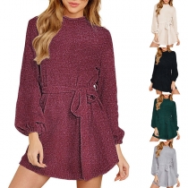 Fashion Solid Color Lantern Sleeve Round Neck Dress with Waist Strap