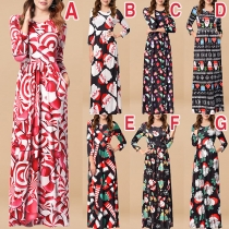 Fashion Long Sleeve Round Neck High Waist Printed Maxi Dress