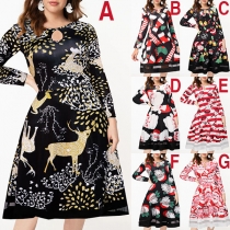 Fashion Long Sleeve Round Neck High Waist Printed Christmas Dress
