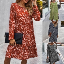 Fashion Long Sleeve Round Neck Ruffle Hem Printed Dress