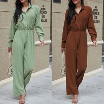 Fashion Solid Color Long Sleeve POLO Collar High Waist Jumpsuit