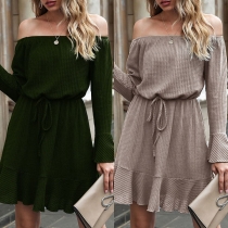 Sexy Off-shoulder Boat Neck Trumpet Sleeve Ruffle Hem Dress
