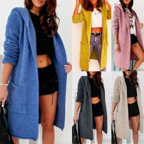 Fashion Solid Color Long Sleeve Hooded Knit Cardigan