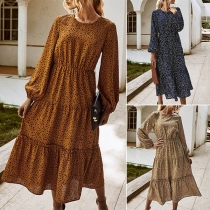 Fashion Lantern Sleeve Round Neck High Waist Printed Dress