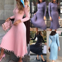 Elegant Solid Color Long Sleeve Round Neck Pleated Hem Knit Midi Dress