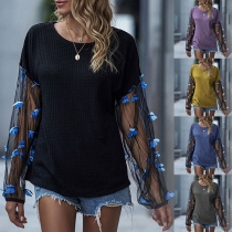Sexy Gauze Spliced Lantern Sleeve Round Neck T-shirt