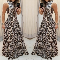 Fashion Sleeveless Mock Neck High Waist Striped Maxi Dress
