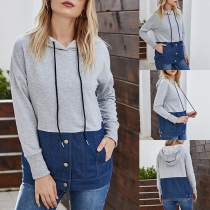 Fashion Long Sleeve Hooded Denim Spliced Sweatshirt