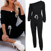 Sexig Snedaxel Långärmad Hög midja Enfärgad Jumpsuit