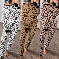 Leopardmönstrad långärmad tröja + byxor i tvådelat set