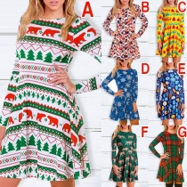 Fashion Long Sleeve Round Neck High Waist Printed Dress