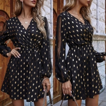 Sexy Gauze Spliced Long Sleeve V-neck Dots Printed Dress