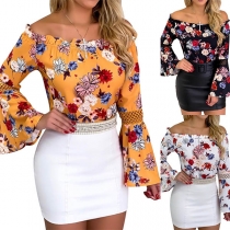 Sexy Off-shoulder Boat Neck Trumpet Sleeve Printed Top