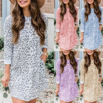 Fashion Long Sleeve Round Neck Leopard Printed Dress