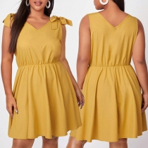 Fashion Solid Color Sleeveless V-neck Lace-up Bow-knot Dress