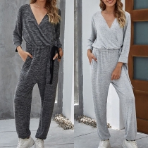 Fashion Solid Color Long Sleeve V-neck High Waist Jumpsuit
