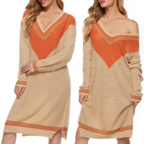 Fashion Contrast Color Long Sleeve V-neck Knit Dress