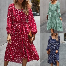 Fashion Long Sleeve Square Collar Ruffle Hem Dots Printed Dress