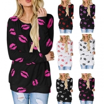 Fashion Long Sleeve Round Neck Lips Printed T-shirt