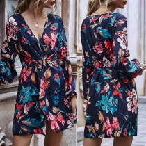 Sexy V-neck Long Sleeve Printed Dress