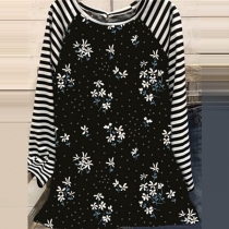 Fashion Striped Spliced Long Sleeve Round Neck Printed T-shirt