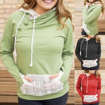 Fashion Contrast Color Long Sleeve Hooded Lace Spliced Sweatshirt