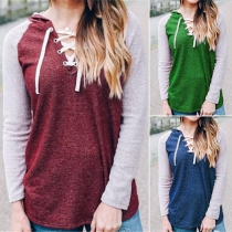 Fashion Contrast Color Long Sleeve Lace-up V-neck T-shirt