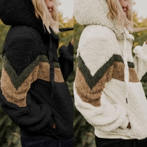 Fashion Contrast Color Long Sleeve Hooded Plush Sweatshirt Coat