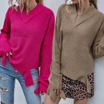 Fashion Solid Color Long Sleeve V-neck Ripped Sweater