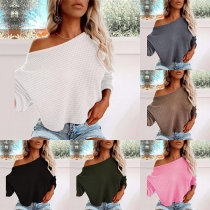 Sexy Oblique Shoulder Long Sleeve Solid Color Knit Top