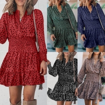 Fresh Style Long Sleeve V-neck High Waist Printed Dress