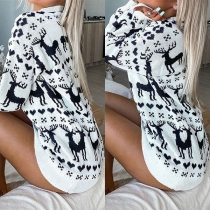 Cute Elk Printed Long Sleeve Round Neck Knit Top