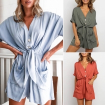 Fashion Solid Color Short Sleeve V-neck Front-pocket Romper