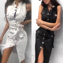 Fashion Solid Color Sleeveless Stand Collar Single-breasted Dress