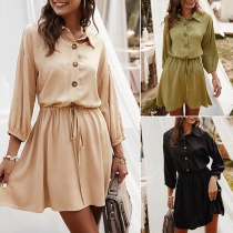 Fashion Solid Color Long Sleeve POLO Collar Shirt Dress
