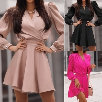 Elegant Solid Color Long Sleeve V-neck High Waist Dress