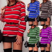 Fashion Long Sleeve Round Neck Striped Sweatshirt Dress