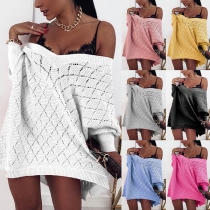 Sexy Off-shoulder V-neck Dolman Sleeve Solid Color Loose Knit Top