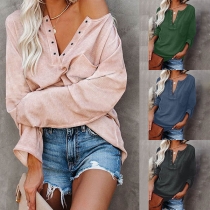 Fashion Solid Color Long Sleeve V-neck T-shirt