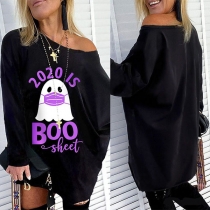 Sexy Oblique Shoulder Long Sleeve Cartoon Printed Sweatshirt