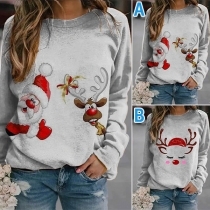 Cute Elk Printed Long Sleeve Round Neck Sweatshirt