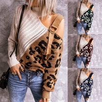 Sexy Off-shoulder Long Sleeve Turtleneck Leopard Spliced Knit Top