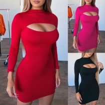 Sexig, ihålig långärmad klänning med Mock Neck - Enfärgad, Slim Fit