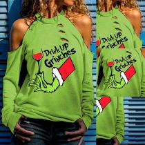 Sexy Off-shoulder Long Sleeve Cartoon Printed Ripped Top