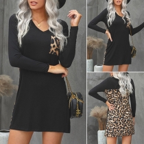 Fashion Leopard Spliced Long Sleeve V-neck Knee-length Dress