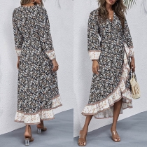 Bohemian Style Long Sleeve V-neck Irregular Hem Printed Dress