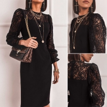 Sexy Lace Spliced Long Sleeve Round Neck Solid Color Dress