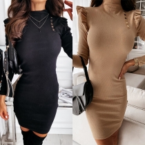 Fashion Solid Color Long Sleeve Mock Neck Slim Fit Knit Dress