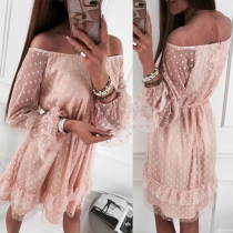 Sexy Off-shoulder Boat Neck Ruffle Hem Dots Gauze Dress