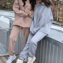 Fashion Solid Color Long Sleeve Hooded Sweatshirt + Pants Two-piece Set